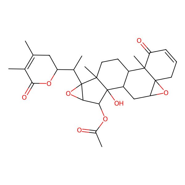 2D Structure of [16-[1-(4,5-Dimethyl-6-oxo-2,3-dihydropyran-2-yl)ethyl]-12-hydroxy-2,17-dimethyl-3-oxo-8,15-dioxahexacyclo[9.8.0.02,7.07,9.012,17.014,16]nonadec-4-en-13-yl] acetate