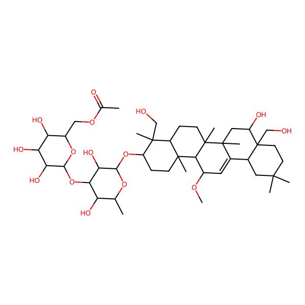 2D Structure of [(2R,3S,4S,5R,6S)-6-[(2R,3R,4S,5S,6R)-2-[[(3S,4R,4aR,6aR,6bS,8S,8aS,12aR,14R,14aR,14bS)-8-hydroxy-4,8a-bis(hydroxymethyl)-14-methoxy-4,6a,6b,11,11,14b-hexamethyl-1,2,3,4a,5,6,7,8,9,10,12,12a,14,14a-tetradecahydropicen-3-yl]oxy]-3,5-dihydroxy-6-methyloxan-4-yl]oxy-3,4,5-trihydroxyoxan-2-yl]methyl acetate