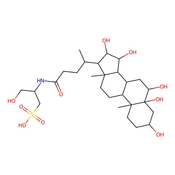 2D Structure of (2S)-3-hydroxy-2-[[(4R)-4-[(3S,5R,6R,8R,9S,10R,13R,14S,15R,16R,17R)-3,5,6,15,16-pentahydroxy-10,13-dimethyl-1,2,3,4,6,7,8,9,11,12,14,15,16,17-tetradecahydrocyclopenta[a]phenanthren-17-yl]pentanoyl]amino]propane-1-sulfonic acid