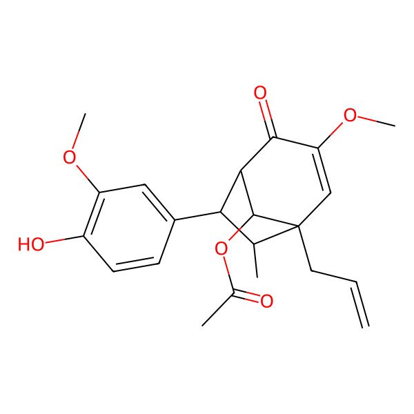 2D Structure of [6-(4-Hydroxy-3-methoxyphenyl)-3-methoxy-7-methyl-4-oxo-1-prop-2-enyl-8-bicyclo[3.2.1]oct-2-enyl] acetate