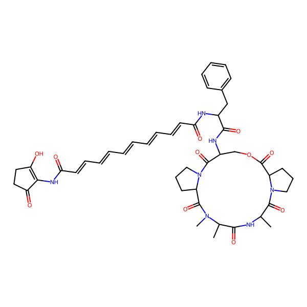 2D Structure of (2E,4E,6E,8E,10E)-N-(2-hydroxy-5-oxocyclopenten-1-yl)-N'-[1-oxo-3-phenyl-1-[(13,16,17-trimethyl-2,6,12,15,18-pentaoxo-5-oxa-1,11,14,17-tetrazatricyclo[17.3.0.07,11]docosan-3-yl)amino]propan-2-yl]dodeca-2,4,6,8,10-pentaenediamide