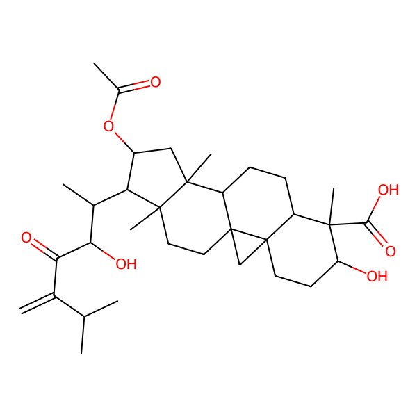 2D Structure of (1S,3R,6S,7S,8R,11S,12S,14S,15R,16R)-14-acetyloxy-6-hydroxy-15-[(2S,3R)-3-hydroxy-6-methyl-5-methylidene-4-oxoheptan-2-yl]-7,12,16-trimethylpentacyclo[9.7.0.01,3.03,8.012,16]octadecane-7-carboxylic acid