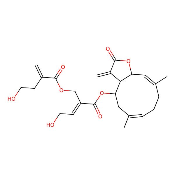 2D Structure of (6,10-Dimethyl-3-methylidene-2-oxo-3a,4,5,8,9,11a-hexahydrocyclodeca[b]furan-4-yl) 4-hydroxy-2-[(4-hydroxy-2-methylidenebutanoyl)oxymethyl]but-2-enoate