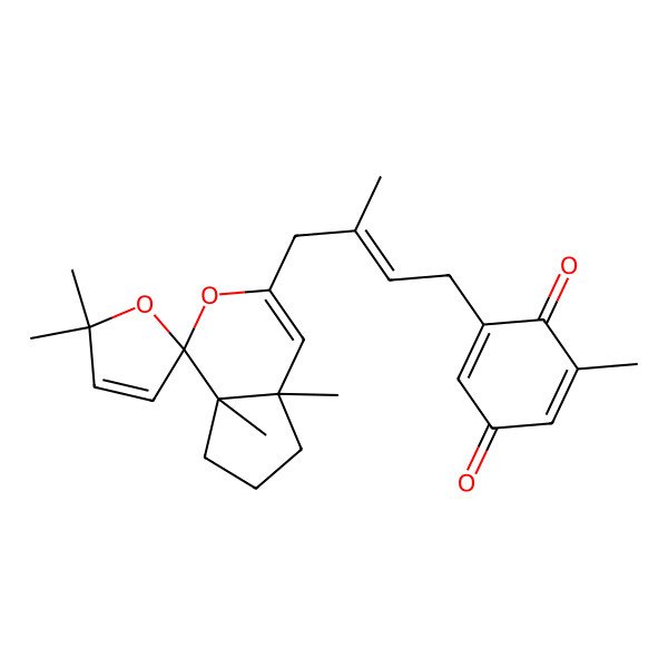 2D Structure of 2-[(E)-4-[(1S,4aR,7aR)-4a,5',5',7a-tetramethylspiro[6,7-dihydro-5H-cyclopenta[c]pyran-1,2'-furan]-3-yl]-3-methylbut-2-enyl]-6-methylcyclohexa-2,5-diene-1,4-dione