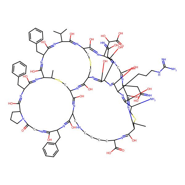 2D Structure of (1S,4S,13S,16S,19S,22S,25S,28R,31S,37S,40S,41S,44R,47S,50S,53S,56R,65S,70S)-44-amino-4,16,22-tribenzyl-47-(3-carbamimidamidopropyl)-31-[(R)-carboxy(hydroxy)methyl]-2,5,14,17,20,23,26,29,32,35,38,45,48,51,54,57,67-heptadecahydroxy-37-(2-hydroxy-2-iminoethyl)-50-(3-hydroxy-3-iminopropyl)-41,70-dimethyl-8-oxo-25-propan-2-yl-42,69,72-trithia-3,6,9,15,18,21,24,27,30,33,36,39,46,49,52,55,58,60,66-nonadecazapentacyclo[38.18.9.319,56.328,53.09,13]triheptaconta-2,5,14,17,20,23,26,29,32,35,38,45,48,51,54,57,66-heptadecaene-65-carboxylic acid