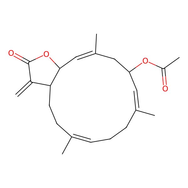 2D Structure of (6,10,14-Trimethyl-3-methylidene-2-oxo-3a,4,5,8,9,12,13,15a-octahydrocyclotetradeca[b]furan-12-yl) acetate