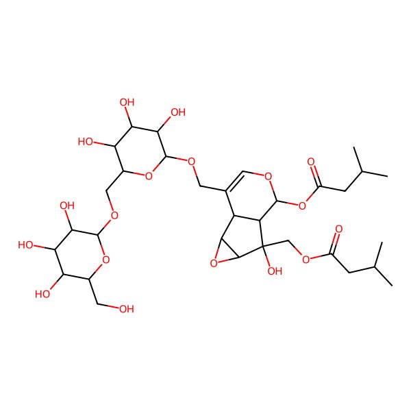 2D Structure of [(1S,2S,4S,5S,6S,7S)-5-hydroxy-7-(3-methylbutanoyloxy)-10-[[(2S,3S,4R,5R,6S)-3,4,5-trihydroxy-6-[[(2R,3R,4S,5S,6R)-3,4,5-trihydroxy-6-(hydroxymethyl)oxan-2-yl]oxymethyl]oxan-2-yl]oxymethyl]-3,8-dioxatricyclo[4.4.0.02,4]dec-9-en-5-yl]methyl 3-methylbutanoate