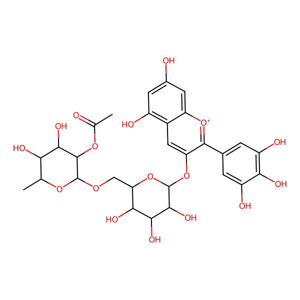 2D Structure of [(2R,3S,4R,5R,6S)-2-[[(2R,3S,4S,5R,6S)-6-[5,7-dihydroxy-2-(3,4,5-trihydroxyphenyl)chromenylium-3-yl]oxy-3,4,5-trihydroxyoxan-2-yl]methoxy]-4,5-dihydroxy-6-methyloxan-3-yl] acetate