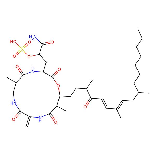 2D Structure of [(2S)-1-amino-3-[(3R,6R,13R,14S)-6,13-dimethyl-10-methylidene-2,5,9,12-tetraoxo-14-[(3S,5E,7E,10R)-3,7,10-trimethyl-4-oxoheptadeca-5,7-dienyl]-1-oxa-4,8,11-triazacyclotetradec-3-yl]-1-oxopropan-2-yl] hydrogen sulfate