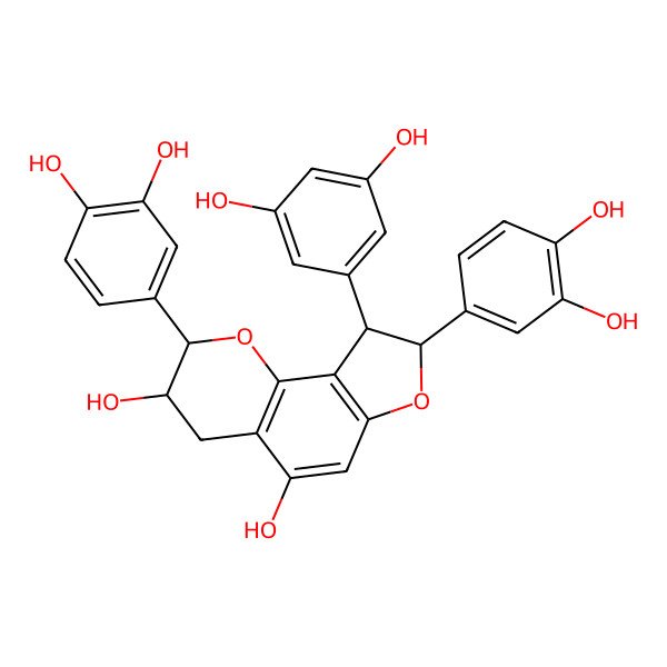 2D Structure of 2,8-bis(3,4-dihydroxyphenyl)-9-(3,5-dihydroxyphenyl)-3,4,8,9-tetrahydro-2H-furo[2,3-h]chromene-3,5-diol