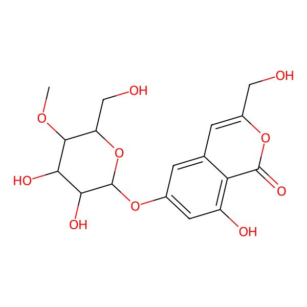 2D Structure of 6-[3,4-Dihydroxy-6-(hydroxymethyl)-5-methoxyoxan-2-yl]oxy-8-hydroxy-3-(hydroxymethyl)isochromen-1-one