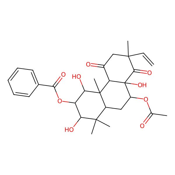 2D Structure of (9-Acetyloxy-7-ethenyl-2,4,8a-trihydroxy-1,1,4a,7-tetramethyl-5,8-dioxo-2,3,4,4b,6,9,10,10a-octahydrophenanthren-3-yl) benzoate 2D Structure of (9-Acetyloxy-7-ethenyl-2,4,8a-trihydroxy-1,1,4a,7-tetramethyl-5,8-dioxo-2,3,4,4b,6,9,10,10a-octahydrophenanthren-3-yl) benzoate