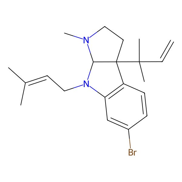 2D Structure of 6-bromo-3-methyl-8b-(2-methylbut-3-en-2-yl)-4-(3-methylbut-2-enyl)-2,3a-dihydro-1H-pyrrolo[2,3-b]indole
