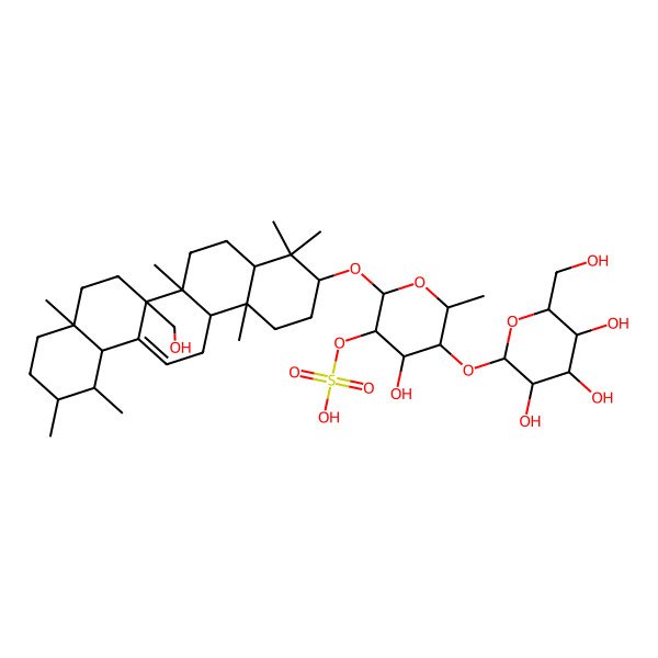 2D Structure of [(2R,3R,4S,5S,6R)-2-[[(3S,4aR,6aR,6bR,8aR,11R,12S,12aR,14aR,14bR)-6b-(hydroxymethyl)-4,4,6a,8a,11,12,14b-heptamethyl-2,3,4a,5,6,7,8,9,10,11,12,12a,14,14a-tetradecahydro-1H-picen-3-yl]oxy]-4-hydroxy-6-methyl-5-[(2S,3R,4S,5S,6R)-3,4,5-trihydroxy-6-(hydroxymethyl)oxan-2-yl]oxyoxan-3-yl] hydrogen sulfate