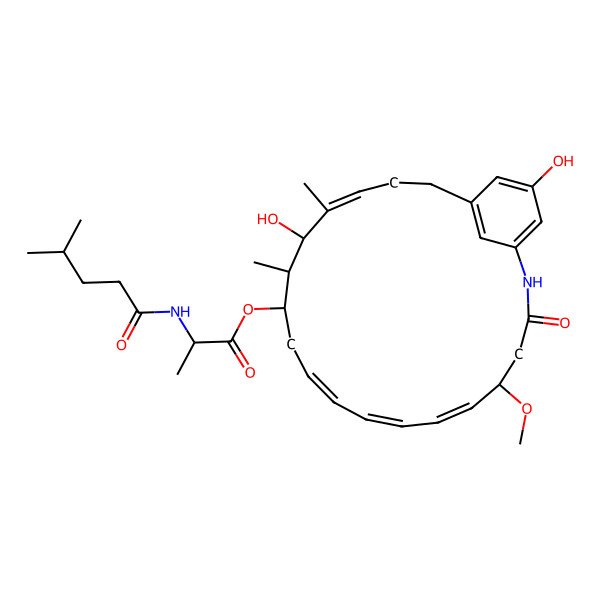 2D Structure of [(5S,6E,8E,10Z,13R,14R,15R,16E)-15,22-dihydroxy-5-methoxy-14,16-dimethyl-3-oxo-2-azabicyclo[18.3.1]tetracosa-1(23),6,8,10,16,20(24),21-heptaen-13-yl] (2S)-2-(4-methylpentanoylamino)propanoate