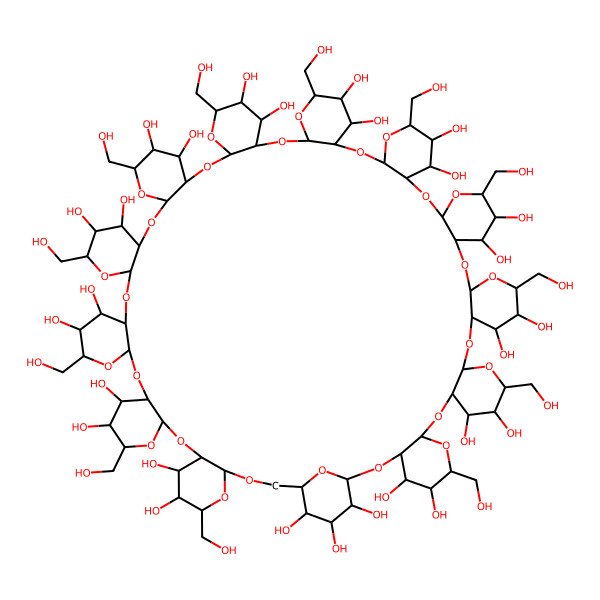 2D Structure of 6,13,20,27,34,41,48,55,62,69,76,83-Dodecakis(hydroxymethyl)-2,7,9,14,16,21,23,28,30,35,37,42,44,49,51,56,58,63,65,70,72,77,79,84,86,92-hexacosaoxatetradecacyclo[86.3.1.03,8.010,15.017,22.024,29.031,36.038,43.045,50.052,57.059,64.066,71.073,78.080,85]dononacontane-4,5,11,12,18,19,25,26,32,33,39,40,46,47,53,54,60,61,67,68,74,75,81,82,89,90,91-heptacosol