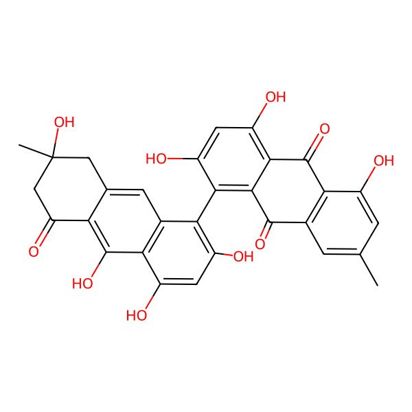 2D Structure of 2,4,5-trihydroxy-7-methyl-1-[(7R)-2,4,7,10-tetrahydroxy-7-methyl-5-oxo-6,8-dihydroanthracen-1-yl]anthracene-9,10-dione