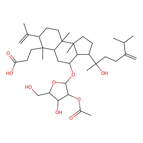 2D Structure of 3-[(3S,3aR,4R,5aS,6S,7S,9aR,9bR)-4-[(2R,3R,4S,5S)-3-acetyloxy-4-hydroxy-5-(hydroxymethyl)oxolan-2-yl]oxy-3-[(2S)-2-hydroxy-6-methyl-5-methylideneheptan-2-yl]-6,9a,9b-trimethyl-7-prop-1-en-2-yl-1,2,3,3a,4,5,5a,7,8,9-decahydrocyclopenta[a]naphthalen-6-yl]propanoic acid