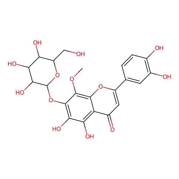 2D Structure of 2-(3,4-dihydroxyphenyl)-5,6-dihydroxy-8-methoxy-7-[(2S,3R,4S,5S,6R)-3,4,5-trihydroxy-6-(hydroxymethyl)oxan-2-yl]oxychromen-4-one
