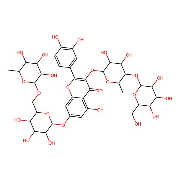2D Structure of 3-[(2S,3S,4S,5R,6S)-3,4-dihydroxy-6-methyl-5-[(2S,3R,4S,5S,6R)-3,4,5-trihydroxy-6-(hydroxymethyl)oxan-2-yl]oxyoxan-2-yl]oxy-2-(3,4-dihydroxyphenyl)-5-hydroxy-7-[(2S,3R,4S,5S,6R)-3,4,5-trihydroxy-6-[[(2R,3S,4S,5R,6S)-3,4,5-trihydroxy-6-methyloxan-2-yl]oxymethyl]oxan-2-yl]oxychromen-4-one