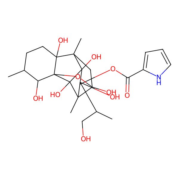 2D Structure of [2,6,9,11,13,14-hexahydroxy-11-(1-hydroxypropan-2-yl)-3,7,10-trimethyl-15-oxapentacyclo[7.5.1.01,6.07,13.010,14]pentadecan-12-yl] 1H-pyrrole-2-carboxylate