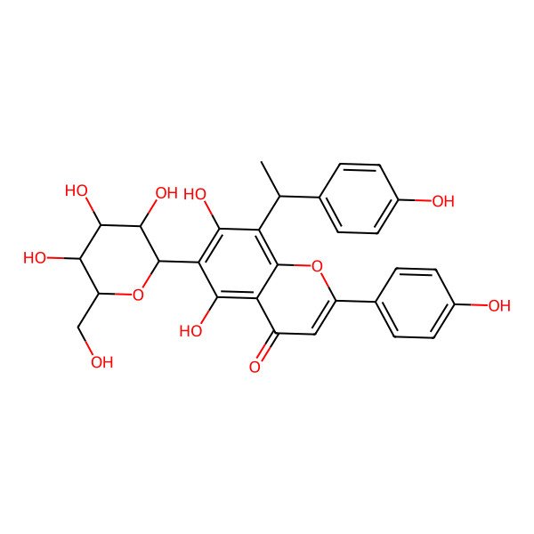 2D Structure of 5,7-dihydroxy-2-(4-hydroxyphenyl)-8-[(1R)-1-(4-hydroxyphenyl)ethyl]-6-[(2S,3S,4R,5S,6S)-3,4,5-trihydroxy-6-(hydroxymethyl)oxan-2-yl]chromen-4-one
