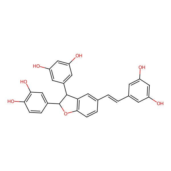 2D Structure of 4-[(2S,3S)-3-(3,5-dihydroxyphenyl)-5-[(E)-2-(3,5-dihydroxyphenyl)ethenyl]-2,3-dihydro-1-benzofuran-2-yl]benzene-1,2-diol