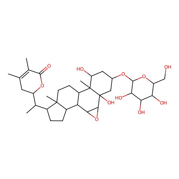 2D Structure of 2-[1-[5,9-Dihydroxy-10,14-dimethyl-7-[3,4,5-trihydroxy-6-(hydroxymethyl)oxan-2-yl]oxy-3-oxapentacyclo[9.7.0.02,4.05,10.014,18]octadecan-15-yl]ethyl]-4,5-dimethyl-2,3-dihydropyran-6-one