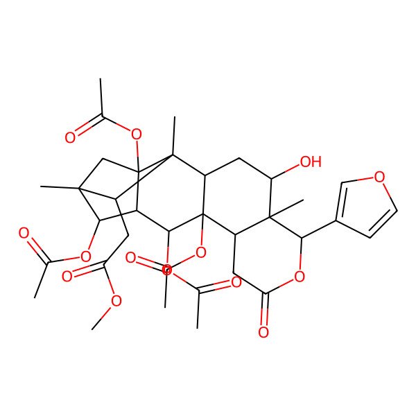 2D Structure of methyl 2-[(1S,2R,4S,5S,6S,10R,11S,12R,13R,14R,15R,17S,18S)-11,12,14,17-tetraacetyloxy-6-(furan-3-yl)-4-hydroxy-1,5,15-trimethyl-8-oxo-7-oxapentacyclo[13.2.1.02,11.05,10.013,17]octadecan-18-yl]acetate