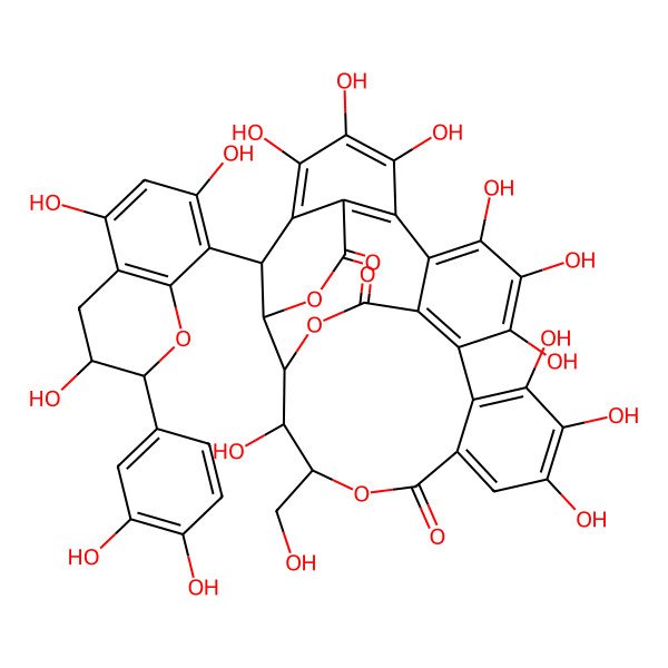 2D Structure of 29-[2-(3,4-dihydroxyphenyl)-3,5,7-trihydroxy-3,4-dihydro-2H-chromen-8-yl]-7,8,9,12,13,14,17,18,19,25-decahydroxy-24-(hydroxymethyl)-3,23,26-trioxahexacyclo[13.10.3.12,6.05,10.011,28.016,21]nonacosa-5(10),6,8,11,13,15(28),16,18,20-nonaene-4,22,27-trione
