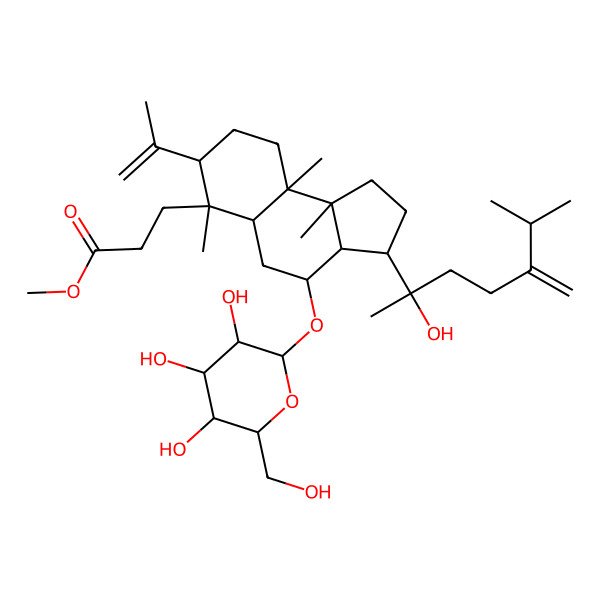 2D Structure of methyl 3-[(3S,3aR,4R,5aR,6S,7S,9aR,9bR)-3-[(2S)-2-hydroxy-6-methyl-5-methylideneheptan-2-yl]-6,9a,9b-trimethyl-7-prop-1-en-2-yl-4-[(2R,3R,4S,5S,6R)-3,4,5-trihydroxy-6-(hydroxymethyl)oxan-2-yl]oxy-1,2,3,3a,4,5,5a,7,8,9-decahydrocyclopenta[a]naphthalen-6-yl]propanoate