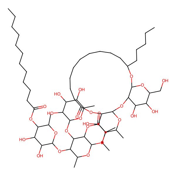 2D Structure of [(2S,3R,4S,5R,6S)-4,5-dihydroxy-2-methyl-6-[(2S,3S,4R,5R,6S)-2-methyl-5-[(2S)-2-methylbutanoyl]oxy-6-[[(1R,3S,5S,6R,7R,8R,20S,22R,24R,25R,26S)-7,25,26-trihydroxy-24-(hydroxymethyl)-5-methyl-10-oxo-20-pentyl-2,4,9,21,23-pentaoxatricyclo[20.4.0.03,8]hexacosan-6-yl]oxy]-4-[(2S,3R,4R,5R,6S)-3,4,5-trihydroxy-6-methyloxan-2-yl]oxyoxan-3-yl]oxyoxan-3-yl] dodecanoate
