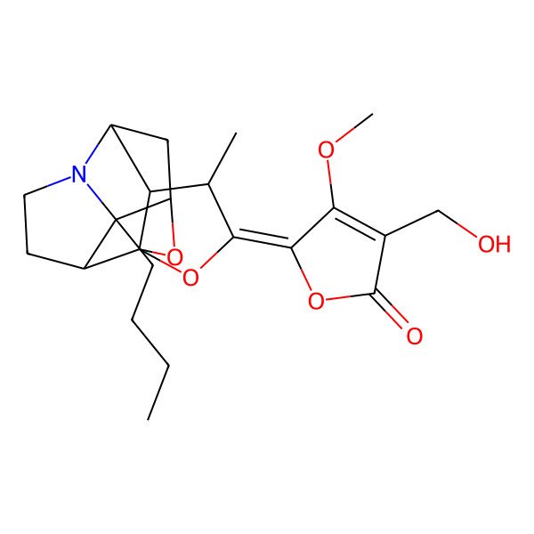 2D Structure of (5E)-5-[(1R,4R,5S,6R,8R,9R,13S)-9-butyl-4-methyl-2,14-dioxa-10-azapentacyclo[6.5.1.01,5.06,10.09,13]tetradecan-3-ylidene]-3-(hydroxymethyl)-4-methoxyfuran-2-one