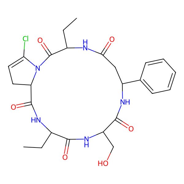 2D Structure of 19-Chloro-3,13-diethyl-10-(hydroxymethyl)-7-phenyl-1,4,8,11,14-pentazabicyclo[14.3.0]nonadec-18-ene-2,5,9,12,15-pentone