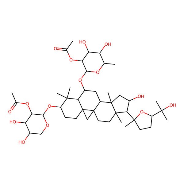 2D Structure of [(2S,3R,4S,5R)-2-[[(1S,3R,6S,8R,9S,11S,12S,14S,15R,16R)-9-[(2R,3R,4R,5R,6S)-3-acetyloxy-4,5-dihydroxy-6-methyloxan-2-yl]oxy-14-hydroxy-15-[(2R,5S)-5-(2-hydroxypropan-2-yl)-2-methyloxolan-2-yl]-7,7,12,16-tetramethyl-6-pentacyclo[9.7.0.01,3.03,8.012,16]octadecanyl]oxy]-4,5-dihydroxyoxan-3-yl] acetate