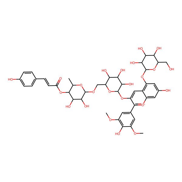 2D Structure of [(2S,3R,4S,5S,6R)-4,5-dihydroxy-2-methyl-6-[[(2R,3R,4R,5S,6S)-3,4,5-trihydroxy-6-[7-hydroxy-2-(4-hydroxy-3,5-dimethoxyphenyl)-5-[(2S,3R,4S,5R,6S)-3,4,5-trihydroxy-6-(hydroxymethyl)oxan-2-yl]oxychromenylium-3-yl]oxyoxan-2-yl]methoxy]oxan-3-yl] 3-(4-hydroxyphenyl)prop-2-enoate