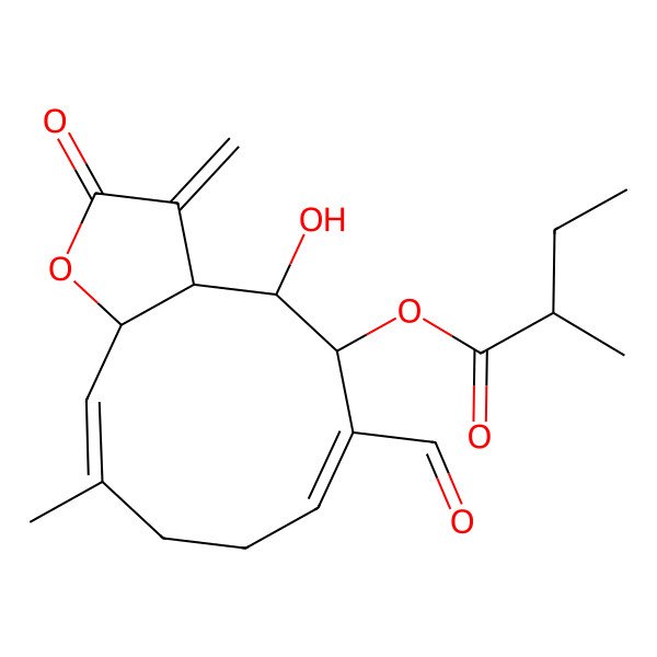 2D Structure of [(3aR,4S,5R,6E,10E,11aR)-6-formyl-4-hydroxy-10-methyl-3-methylidene-2-oxo-3a,4,5,8,9,11a-hexahydrocyclodeca[b]furan-5-yl] (2R)-2-methylbutanoate