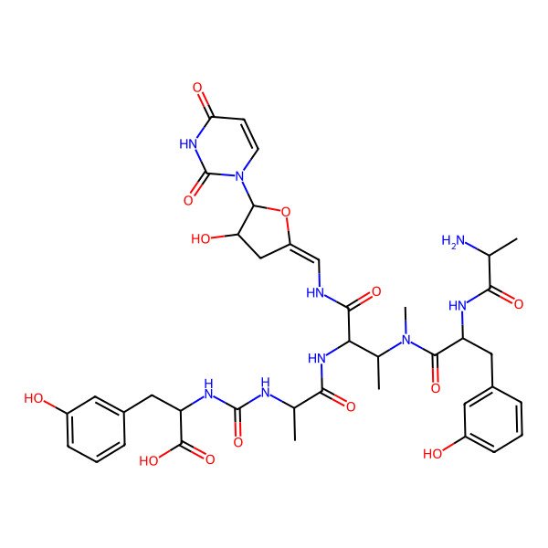 2D Structure of (2S)-2-[[(2S)-1-[[(2S,3S)-3-[[(2S)-2-[[(2S)-2-aminopropanoyl]amino]-3-(3-hydroxyphenyl)propanoyl]-methylamino]-1-[[(Z)-[(4R,5R)-5-(2,4-dioxopyrimidin-1-yl)-4-hydroxyoxolan-2-ylidene]methyl]amino]-1-oxobutan-2-yl]amino]-1-oxopropan-2-yl]carbamoylamino]-3-(3-hydroxyphenyl)propanoic acid