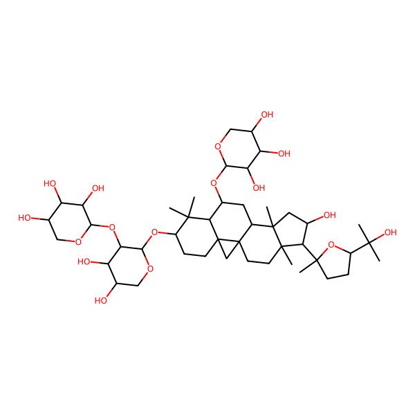 2D Structure of (2S,3R,4S,5R)-2-[[(1S,3R,6S,8S,9S,11R,12S,14S,15R,16R)-6-[(2S,3R,4S,5R)-4,5-dihydroxy-3-[(2S,3R,4S,5S)-3,4,5-trihydroxyoxan-2-yl]oxyoxan-2-yl]oxy-14-hydroxy-15-[(2S,5R)-5-(2-hydroxypropan-2-yl)-2-methyloxolan-2-yl]-7,7,12,16-tetramethyl-9-pentacyclo[9.7.0.01,3.03,8.012,16]octadecanyl]oxy]oxane-3,4,5-triol
