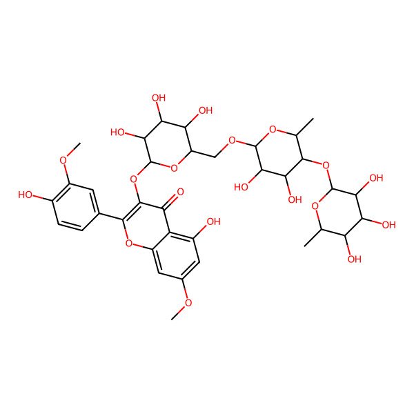 2D Structure of 3-[(2S,3R,4S,5S,6R)-6-[[(2R,3R,4R,5R,6S)-3,4-dihydroxy-6-methyl-5-[(2S,3R,4S,5R,6S)-3,4,5-trihydroxy-6-methyloxan-2-yl]oxyoxan-2-yl]oxymethyl]-3,4,5-trihydroxyoxan-2-yl]oxy-5-hydroxy-2-(4-hydroxy-3-methoxyphenyl)-7-methoxychromen-4-one