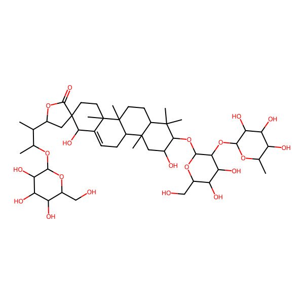 2D Structure of 8-[4,5-dihydroxy-6-(hydroxymethyl)-3-(3,4,5-trihydroxy-6-methyloxan-2-yl)oxyoxan-2-yl]oxy-1,9-dihydroxy-4a,4b,7,7,10a-pentamethyl-5'-[3-[3,4,5-trihydroxy-6-(hydroxymethyl)oxan-2-yl]oxybutan-2-yl]spiro[3,4,5,6,6a,8,9,10,10b,11-decahydro-1H-chrysene-2,3'-oxolane]-2'-one