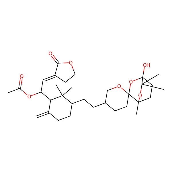 2D Structure of [1-[3-[2-(1-Hydroxy-4,6,6-trimethylspiro[2,5-dioxabicyclo[2.2.2]octane-3,6'-oxane]-3'-yl)ethyl]-2,2-dimethyl-6-methylidenecyclohexyl]-2-(2-oxooxolan-3-ylidene)ethyl] acetate
