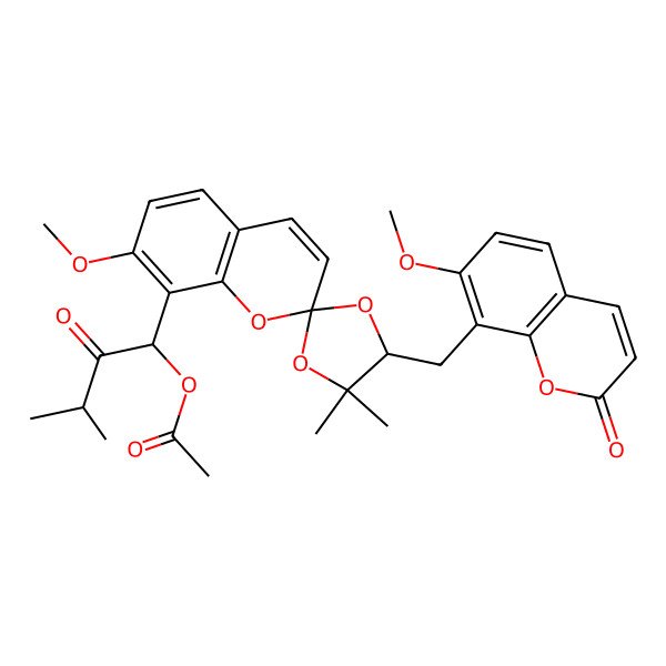 2D Structure of [(1R)-1-[(2R,5R)-7'-methoxy-5-[(7-methoxy-2-oxochromen-8-yl)methyl]-4,4-dimethylspiro[1,3-dioxolane-2,2'-chromene]-8'-yl]-3-methyl-2-oxobutyl] acetate