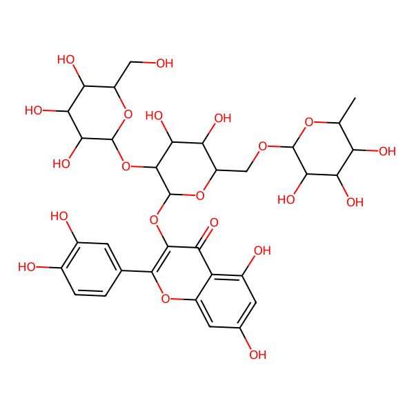 2D Structure of 2-(3,4-dihydroxyphenyl)-3-[(2S,3S,4S,5R,6S)-4,5-dihydroxy-3-[(2S,3R,4S,5S,6R)-3,4,5-trihydroxy-6-(hydroxymethyl)oxan-2-yl]oxy-6-[[(2R,3S,4R,5R,6R)-3,4,5-trihydroxy-6-methyloxan-2-yl]oxymethyl]oxan-2-yl]oxy-5,7-dihydroxychromen-4-one