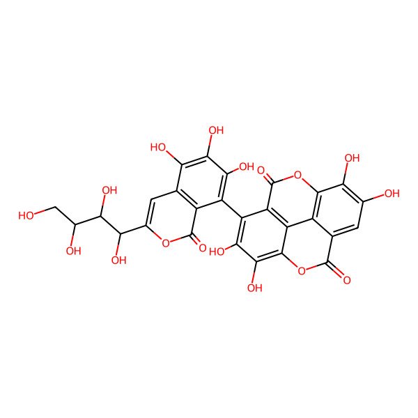 2D Structure of 6,7,13,14-tetrahydroxy-5-[5,6,7-trihydroxy-1-oxo-3-[(1S,2R,3R)-1,2,3,4-tetrahydroxybutyl]isochromen-8-yl]-2,9-dioxatetracyclo[6.6.2.04,16.011,15]hexadeca-1(15),4(16),5,7,11,13-hexaene-3,10-dione