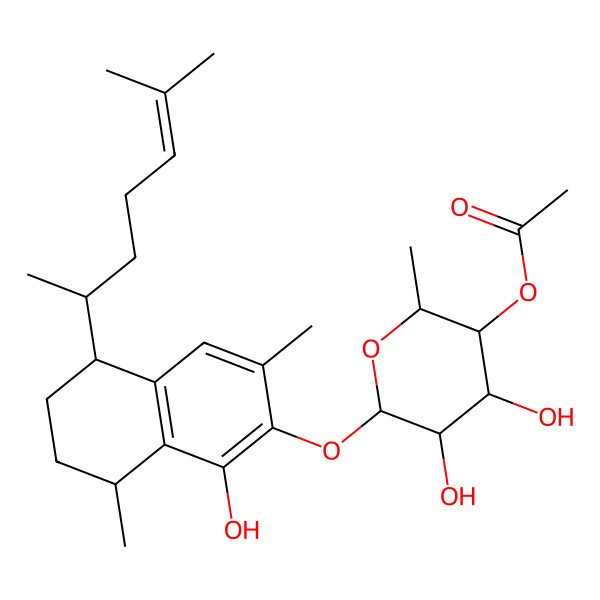 2D Structure of [4,5-Dihydroxy-6-[[1-hydroxy-3,8-dimethyl-5-(6-methylhept-5-en-2-yl)-5,6,7,8-tetrahydronaphthalen-2-yl]oxy]-2-methyloxan-3-yl] acetate