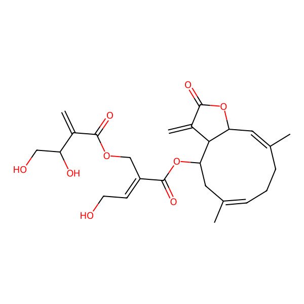 2D Structure of [(E)-2-[[(3aR,4R,6E,10E,11aR)-6,10-dimethyl-3-methylidene-2-oxo-3a,4,5,8,9,11a-hexahydrocyclodeca[b]furan-4-yl]oxycarbonyl]-4-hydroxybut-2-enyl] (3S)-3,4-dihydroxy-2-methylidenebutanoate