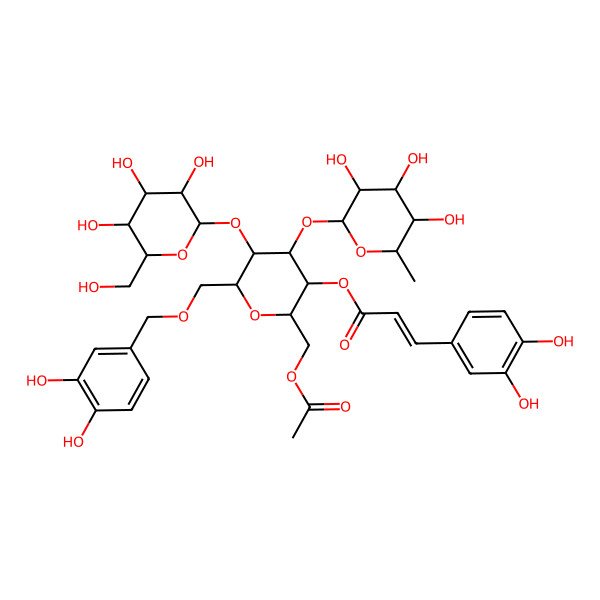2D Structure of [(2R,3S,4S,5S,6R)-2-(acetyloxymethyl)-6-[(3,4-dihydroxyphenyl)methoxymethyl]-5-[(2S,3R,4S,5R,6R)-3,4,5-trihydroxy-6-(hydroxymethyl)oxan-2-yl]oxy-4-[(2S,3R,4R,5R,6S)-3,4,5-trihydroxy-6-methyloxan-2-yl]oxyoxan-3-yl] (E)-3-(3,4-dihydroxyphenyl)prop-2-enoate