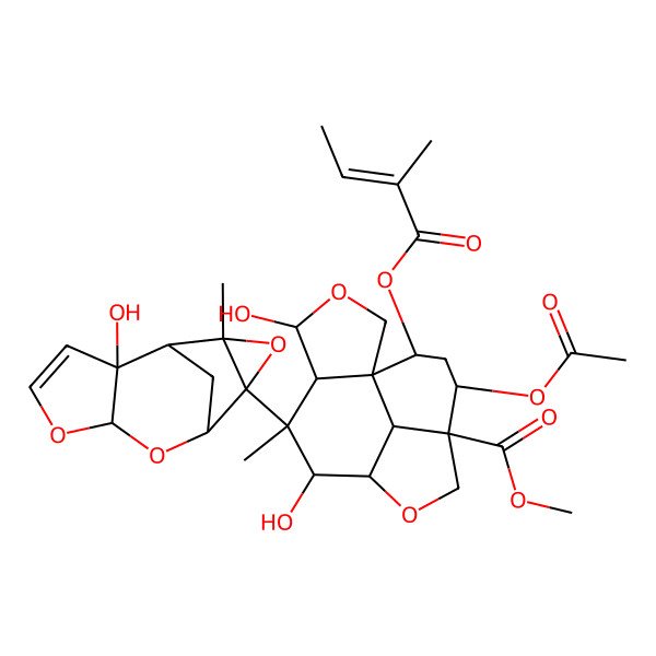 2D Structure of methyl (1S,4S,5R,6S,7S,8R,11S,12R,14S,15R)-12-acetyloxy-4,7-dihydroxy-6-[(1S,2R,6S,8S,9R,11S)-2-hydroxy-11-methyl-5,7,10-trioxatetracyclo[6.3.1.02,6.09,11]dodec-3-en-9-yl]-6-methyl-14-[(E)-2-methylbut-2-enoyl]oxy-3,9-dioxatetracyclo[6.6.1.01,5.011,15]pentadecane-11-carboxylate