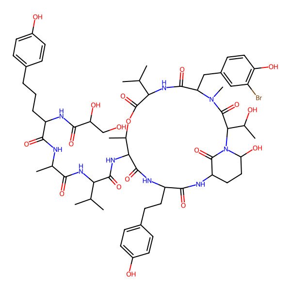 2D Structure of N-[1-[[1-[[5-[(3-bromo-4-hydroxyphenyl)methyl]-21-hydroxy-2-(1-hydroxyethyl)-15-[2-(4-hydroxyphenyl)ethyl]-4,11-dimethyl-3,6,9,13,16,22-hexaoxo-8-propan-2-yl-10-oxa-1,4,7,14,17-pentazabicyclo[16.3.1]docosan-12-yl]amino]-3-methyl-1-oxobutan-2-yl]amino]-1-oxopropan-2-yl]-2-(2,3-dihydroxypropanoylamino)-5-(4-hydroxyphenyl)pentanamide